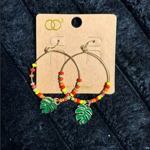 Colorful Beaded Hoop Earrings with Leaf Charm